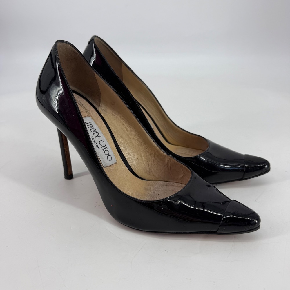 Jimmy Choo Black Patent Leather Cap Toe Stiletto Pumps Size 37 Italy
